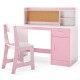 Kids study desk and chair set in white and pink with shelves, drawer, and cork bulletin board for versatile activities.