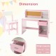 Kids study desk and chair set in pink and white with storage shelves, drawer, and cork bulletin board for imaginative.