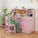 Kids study desk and chair set in pink and white with shelves, drawer, and cork board, perfect for studying and drawing.