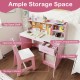 Kids study desk and chair set in white and pink, featuring ample storage, cork bulletin board, and ergonomic chair.