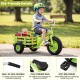 Kids tricycle in green with a storage basket, adjustable seat, and anti-slip pedals for comfortable riding.