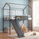 Kids twin size loft bed in black with slide, ladder, and chalkboard for creative bedroom adventures.