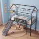 Loft bed for kids in black with house design, featuring a slide and spacious under-bed area for play and storage.
