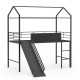 Kids twin size loft bed in black with ladder and slide, featuring a house-shaped design for fun bedroom adventures.