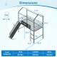 Dimensions of the Kids Twin Size Loft Bed with Ladder and Slide, featuring a black metal structure for safety and fun.