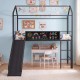 Kids twin size loft bed in black with slide, chalkboard, and ladder, perfect for creative bedroom adventures.