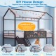 Kids twin size loft bed in black with house design, chalkboard, slide, and ladder for creative bedroom adventures.