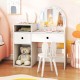 Kids vanity desk and chair set in white with colorful lights, storage drawers, and open shelves for dressing and.