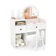Kids vanity desk and chair set in white with colorful lights, storage drawers, and open shelves for play and study.