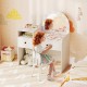 Kids vanity desk and chair set with colorful lights, storage shelves, and shatterproof mirror for safe play and study.