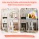 Kids vanity desk and chair set in white with colorful lights, featuring a mirror and ample storage for playtime fun.