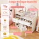 Kids vanity desk and chair set in white with colorful lights, large storage capacity, and shatterproof mirror for safe.