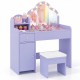 Kids vanity desk in purple with lighted mirror, adjustable shelf, drawer, and matching stool for pretend play.