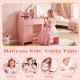 Kids vanity desk in pink with lighted mirror, adjustable shelf, and matching stool for dressing and studying activities.