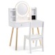 Kids vanity set in white featuring a lighted mirror, storage drawers, and solid pine wood legs for stability.