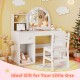 Kids vanity table and chair set with lighted mirror, open shelf, and drawer for organized playroom storage.