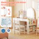 Kids vanity table and chair set with lighted shatter-proof mirror, open shelves, and ergonomic design for safe play.