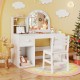 Kids vanity table and chair set in white with lighted mirror, open shelf, and drawer for organized storage in a playful.