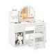 Kids vanity table and chair set in white with lighted mirror, storage compartments, and ergonomic design for safe play.