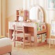 Kids vanity table set in pink with lighted mirror, open shelf, and ergonomic chair for safe and fun playroom use.