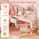 Kids vanity table set in pink with lighted mirror, large storage compartments, and ergonomic chair for ages 3+.