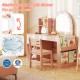 Kids vanity table set in pink with lighted shatterproof mirror, storage compartments, and ergonomic chair for safe play.