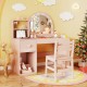 Kids vanity table set in pink with lighted mirror, storage compartments, and ergonomic chair for safe playroom use.