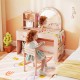 Kids vanity table and chair set in pink with lighted mirror, storage compartments, and ergonomic design for ages 3+.