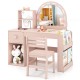 Side view of the pink kids vanity table with lighted mirror, open shelf, and storage drawer for organized playroom fun.