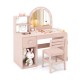 Kids vanity table set in pink with lighted mirror, drawer, and ergonomic chair for safe and fun playtime.