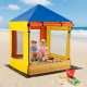 Kids wooden sandbox with a blue canopy and mesh windows, perfect for outdoor play and creativity at the beach.