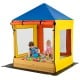 Kids wooden sandbox with multicolor canopy, mesh windows, and benches for outdoor play and creativity.