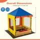 Kids wooden sandbox with multicolor canopy, mesh windows, and dimensions for outdoor play, suitable for ages 3-8.
