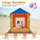 Large kids wooden sandbox with canopy and mesh windows, perfect for outdoor play and creativity in the backyard.