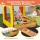 Kids wooden sandbox with canopy, featuring hidden storage benches and mesh windows for outdoor play and creativity.