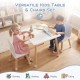 Kids wooden table and 2 chairs set in white, perfect for reading, playing, and eating with safe rounded corners.