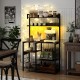 Kitchen bakers rack with LED lights, rustic brown finish, featuring 5 tiers and built-in power outlets for versatile.
