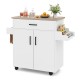 Rolling kitchen island cart in white with wooden top, drawer, and side spice rack for convenient storage and mobility.