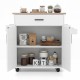 Rolling kitchen island cart in white with a wooden top, drawer, and 2-tier cabinet for organized storage.
