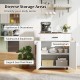 Rolling kitchen island cart in white with drawer and 2-tier cabinet for organized storage in small kitchens.