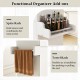 Spice rack and towel rack on a white kitchen island cart for easy access and mobility in small kitchens.