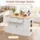 Kitchen island with storage features a white finish, large countertop, two pull-out drawers, and side spice racks.
