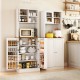 Freestanding 67-inch white kitchen pantry cabinet with microwave shelf, adjustable shelves, and tempered glass doors.
