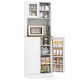 Freestanding white kitchen pantry cabinet with microwave shelf and adjustable storage for snacks, beverages, and canned.