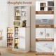 Freestanding white kitchen pantry cabinet with tempered glass door, adjustable shelves, and integrated microwave shelf.