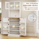 Freestanding white kitchen pantry cabinet with five adjustable shelves and integrated microwave shelf for organized.