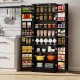 Freestanding black kitchen pantry cabinet with 8 compartments, adjustable shelves, and stainless steel handles for.