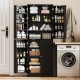 Freestanding black kitchen pantry cabinet with 8 compartments and adjustable shelves for versatile storage solutions.