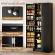 Freestanding black kitchen pantry cabinet with 8 compartments, stainless steel handles, and adjustable shelves for.