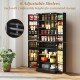 Freestanding black kitchen pantry cabinet with 6 adjustable shelves and 8 compartments for flexible storage solutions.